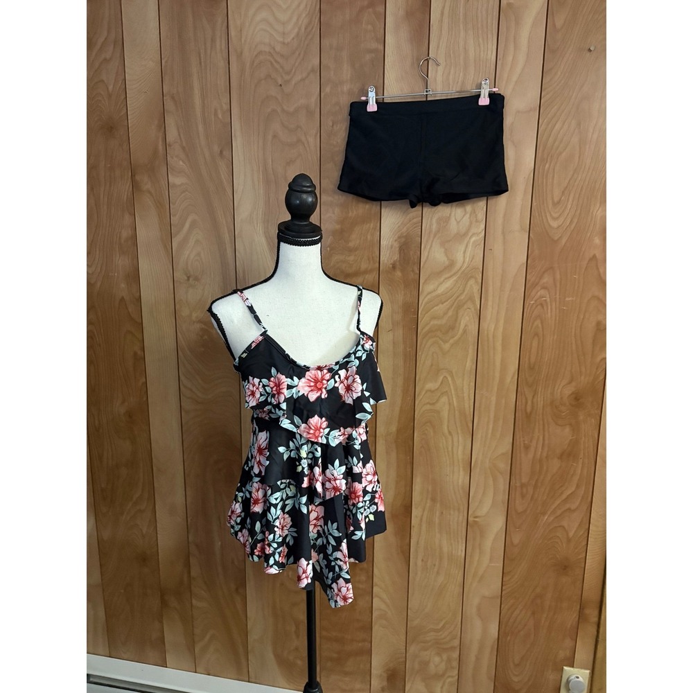 Floral Ruffle Tankini Set with Boy Shorts Black Pink Blue Size Medium NEW